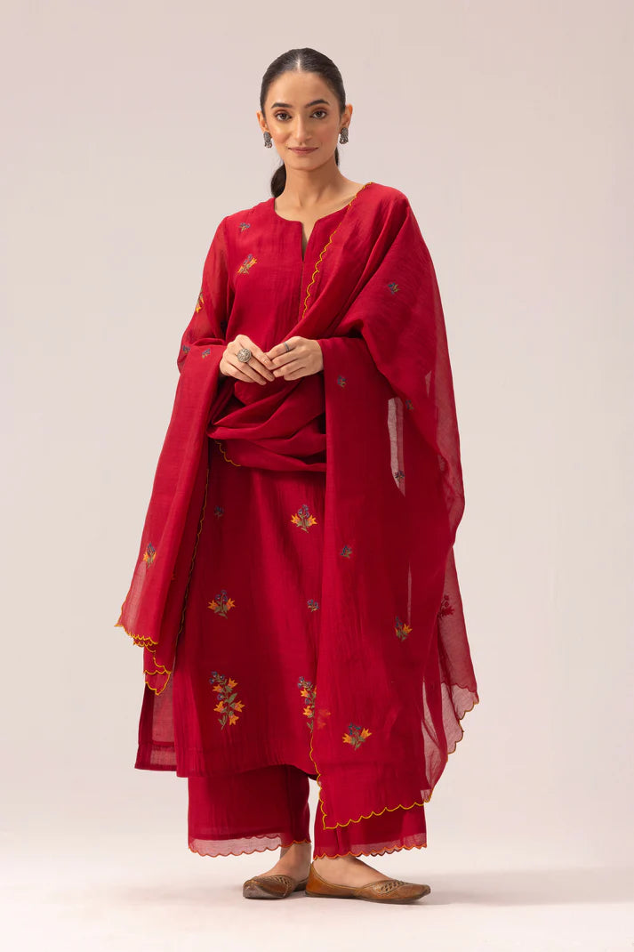 Ruby Red Floral Embroidered Cotton Kurta Set with Scalloped Dupatta