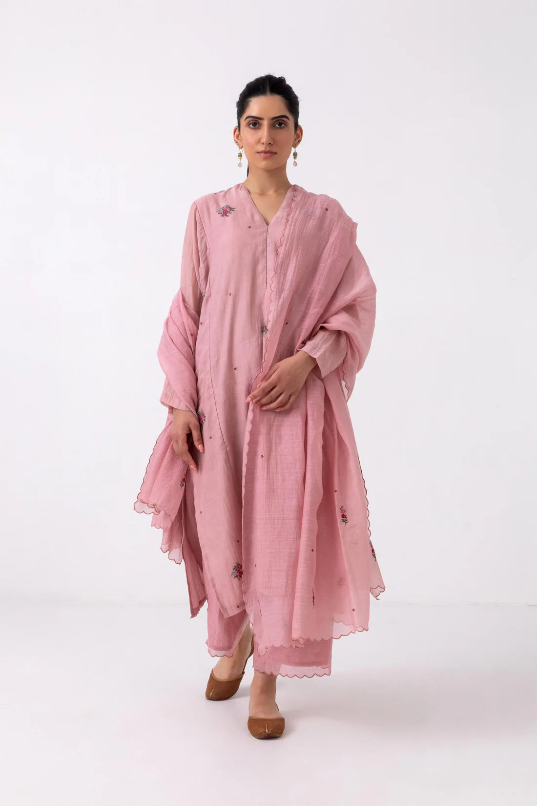 Blush Pink Hand-Embroidered Cotton Kurta Set with Scalloped Dupatta