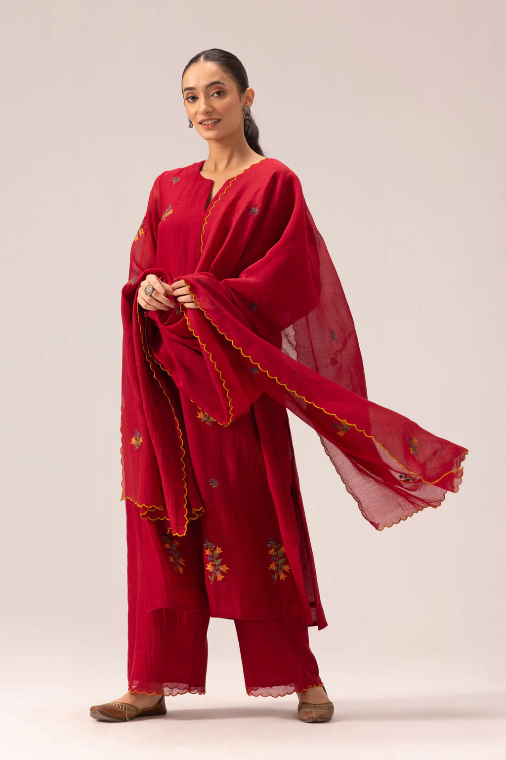 Ruby Red Floral Embroidered Cotton Kurta Set with Scalloped Dupatta