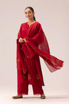 Ruby Red Floral Embroidered Cotton Kurta Set with Scalloped Dupatta