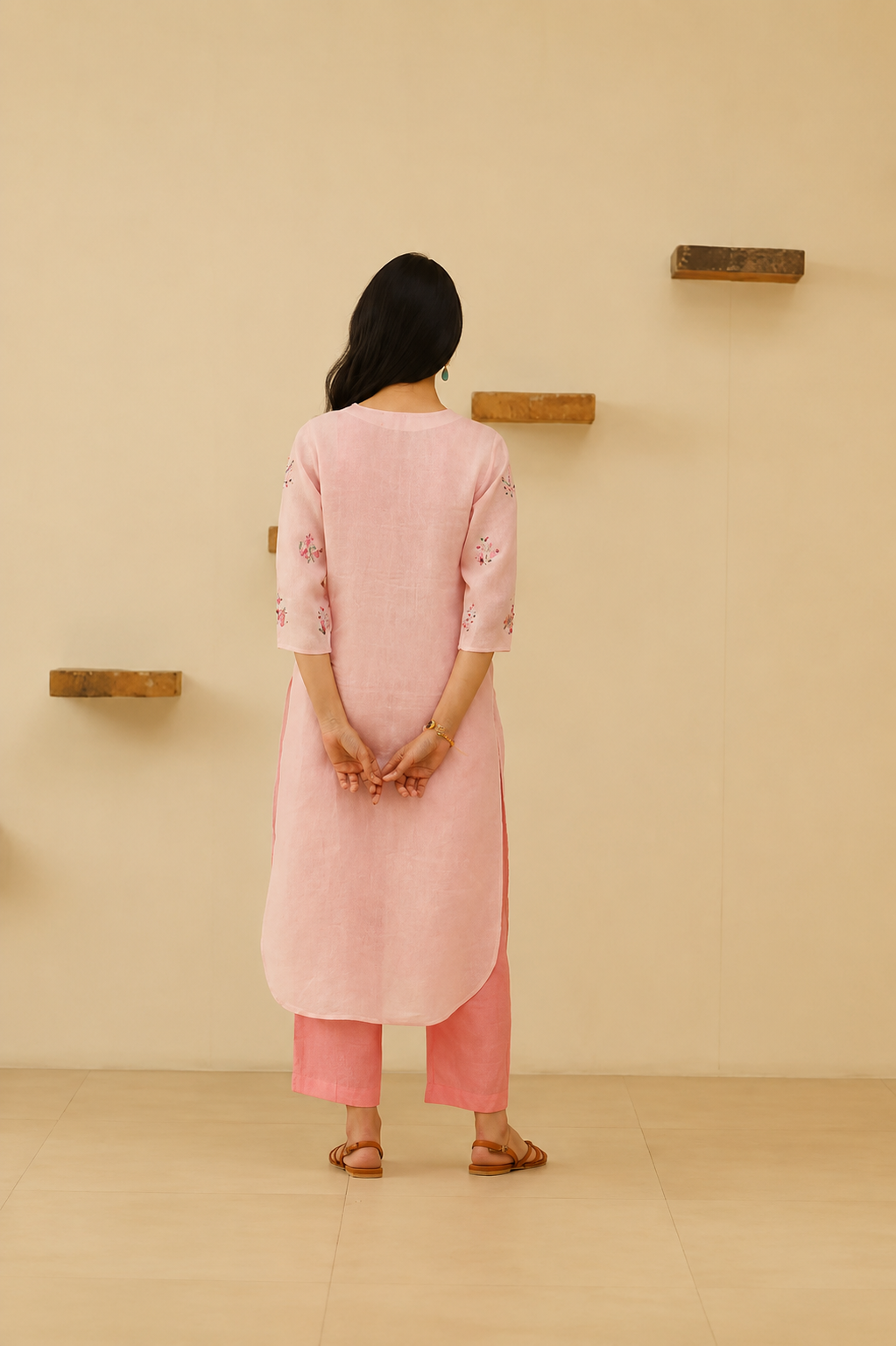 Pink Floral Embroidered Cotton Kurta Set for Women