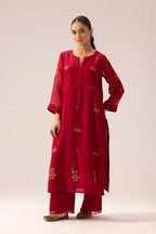 Ruby Red Floral Embroidered Cotton Kurta Set with Scalloped Dupatta