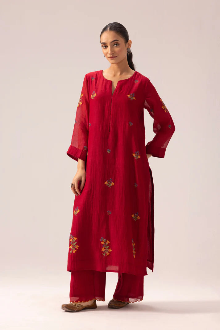 Ruby Red Floral Embroidered Cotton Kurta Set with Scalloped Dupatta