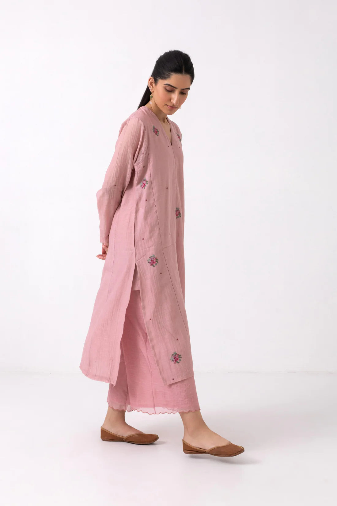 Blush Pink Hand-Embroidered Cotton Kurta Set with Scalloped Dupatta