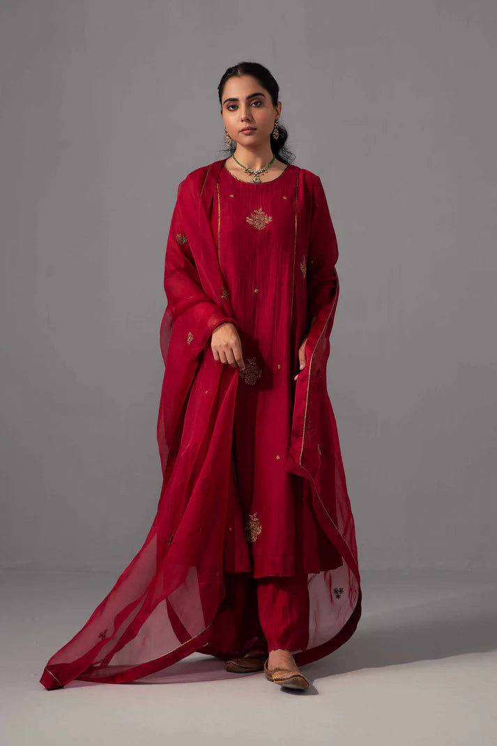 Ruby Red Floral Embroidered Cotton Kurta Set with Scalloped Dupatta
