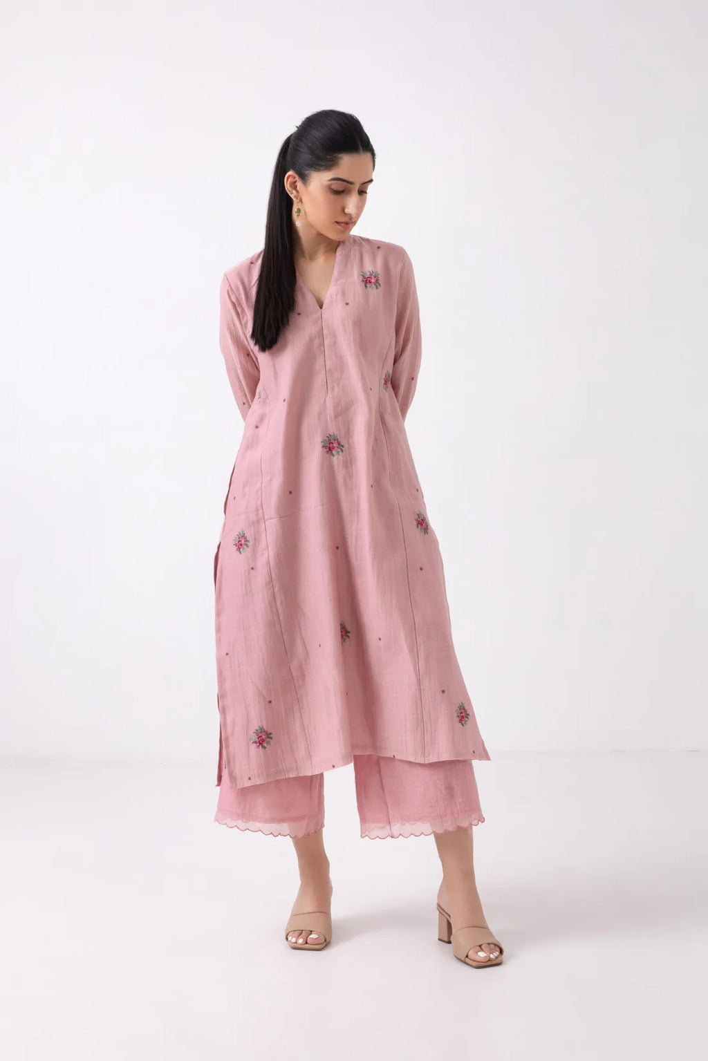 Blush Pink Hand-Embroidered Cotton Kurta Set with Scalloped Dupatta