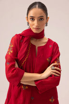 Ruby Red Floral Embroidered Cotton Kurta Set with Scalloped Dupatta