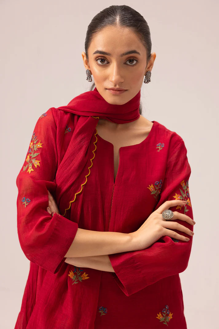 Ruby Red Floral Embroidered Cotton Kurta Set with Scalloped Dupatta