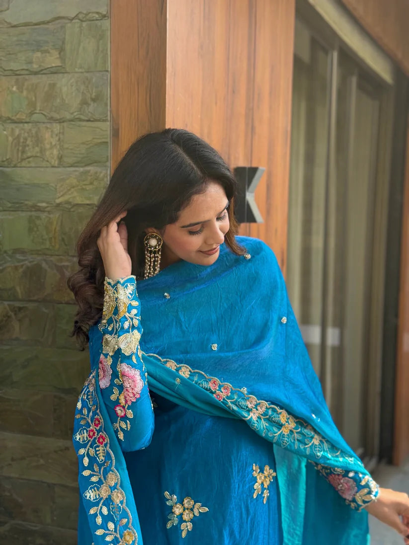 Noor Royal Blue Floral Embroidered Kurta Set