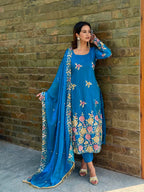 Noor Royal Blue Floral Embroidered Kurta Set