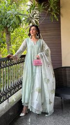 Mint Green Premium Chanderi Embroidered Kurta Set with Floral Printed Dupatta