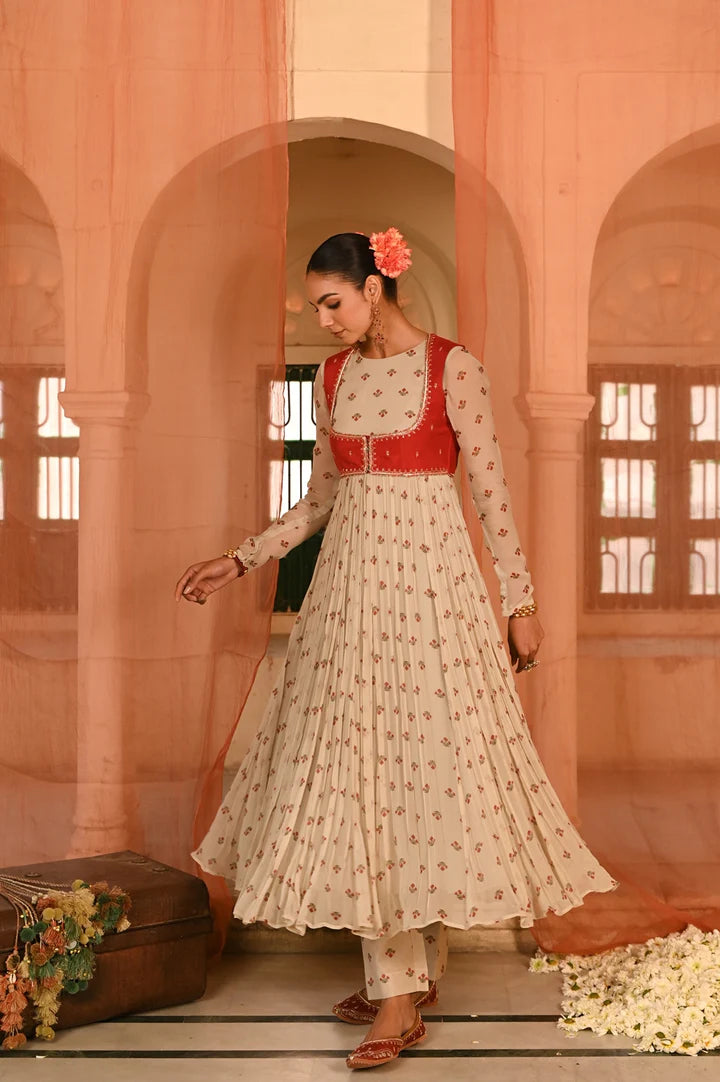 Beige, Red Chiffon Gulal Anarkali Set