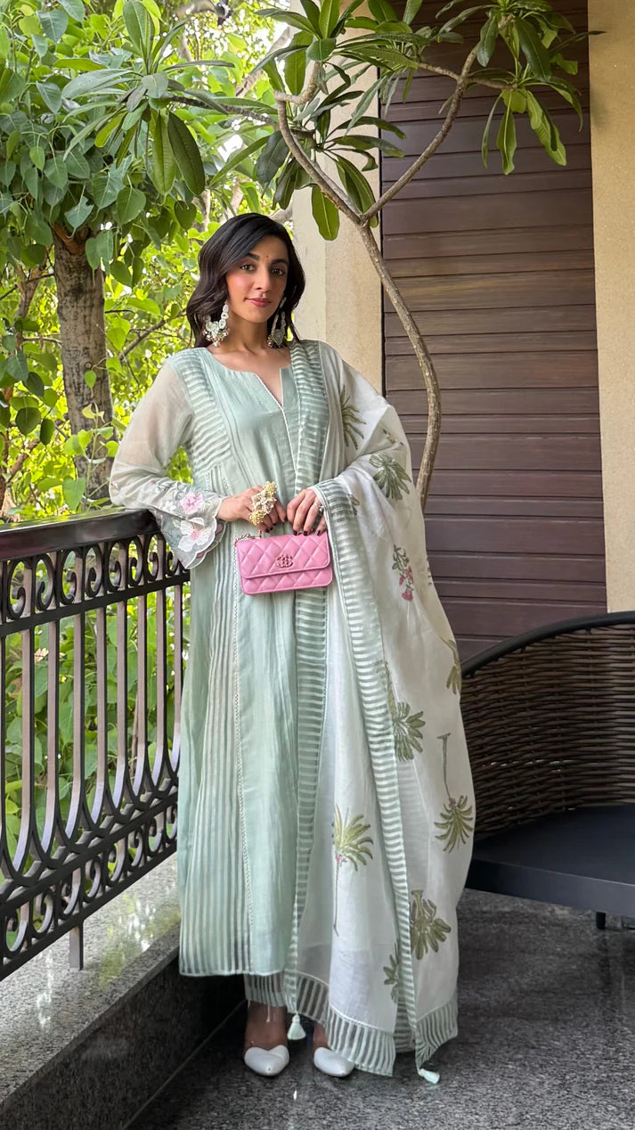 Mint Green Premium Chanderi Embroidered Kurta Set with Floral Printed Dupatta