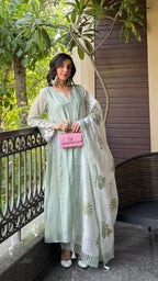 Mint Green Premium Chanderi Embroidered Kurta Set with Floral Printed Dupatta