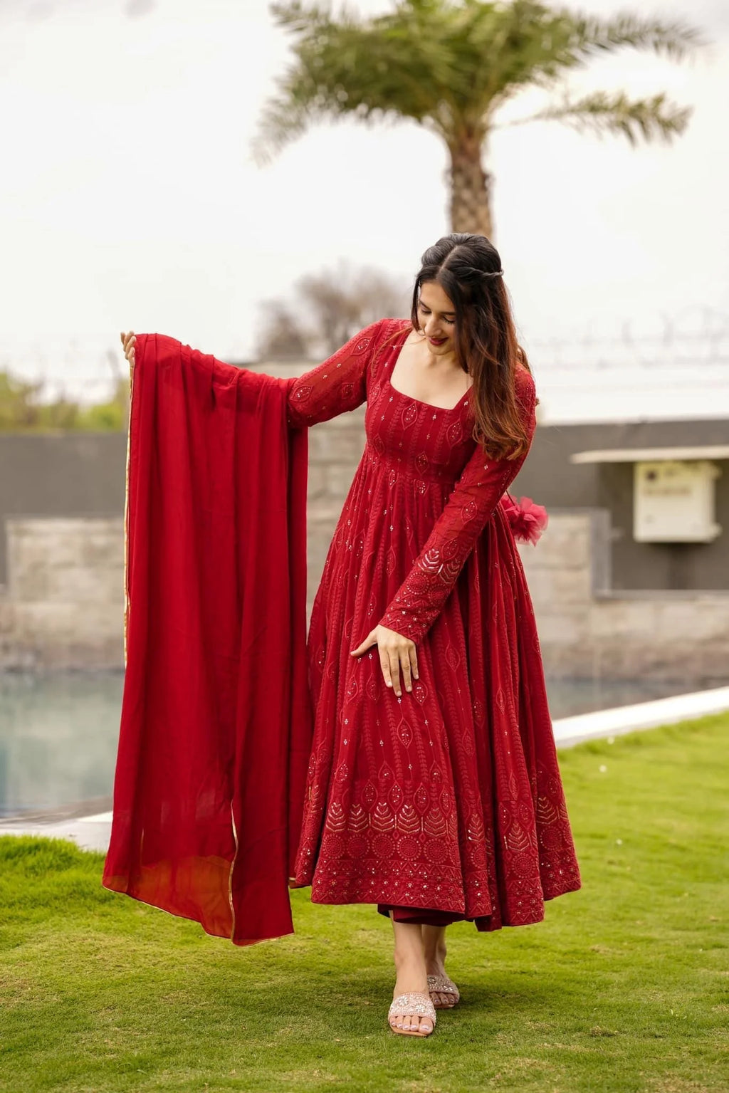 Ruby Red Embroidered Anarkali Suit Set with Dupatta