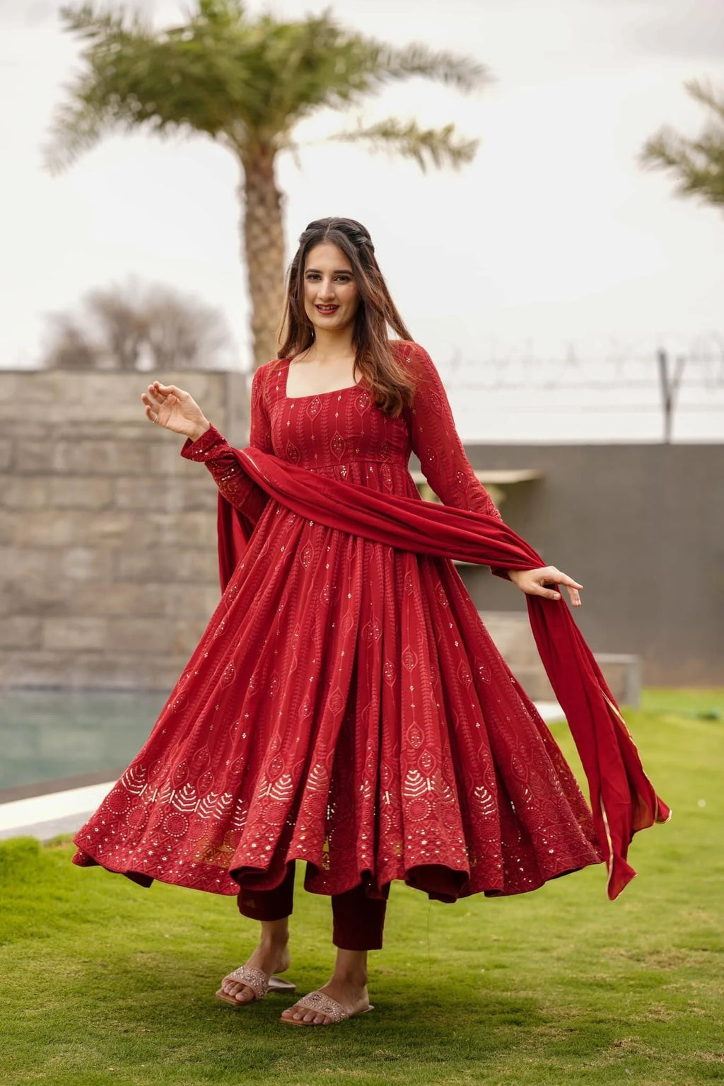 Ruby Red Embroidered Anarkali Suit Set with Dupatta