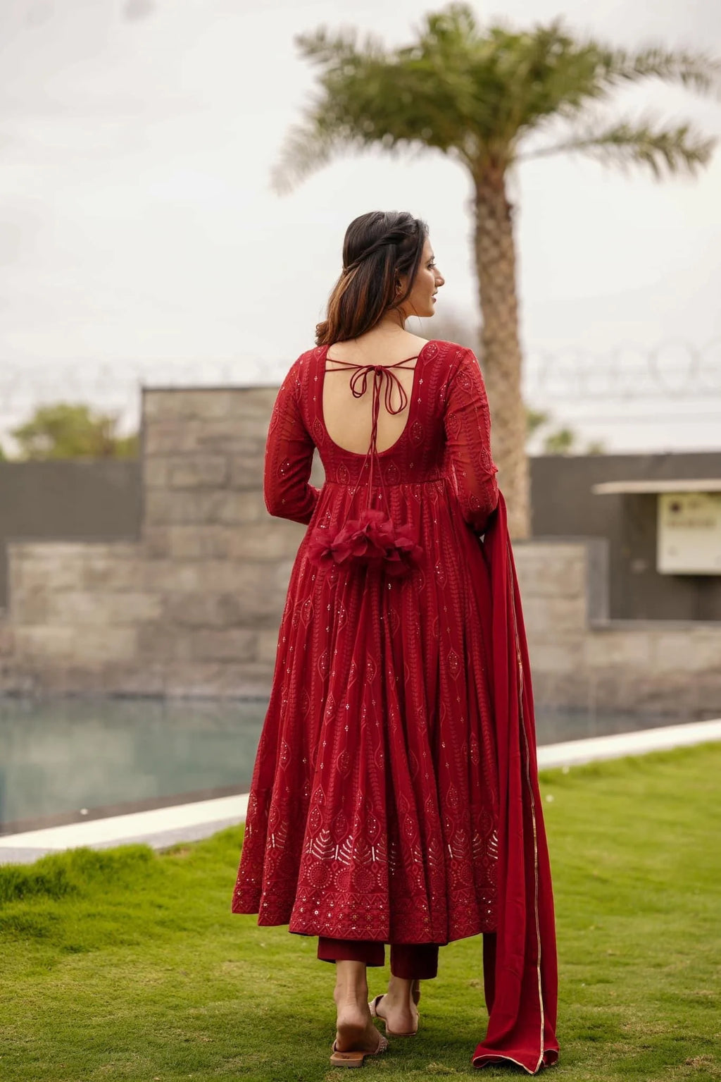 Ruby Red Embroidered Anarkali Suit Set with Dupatta