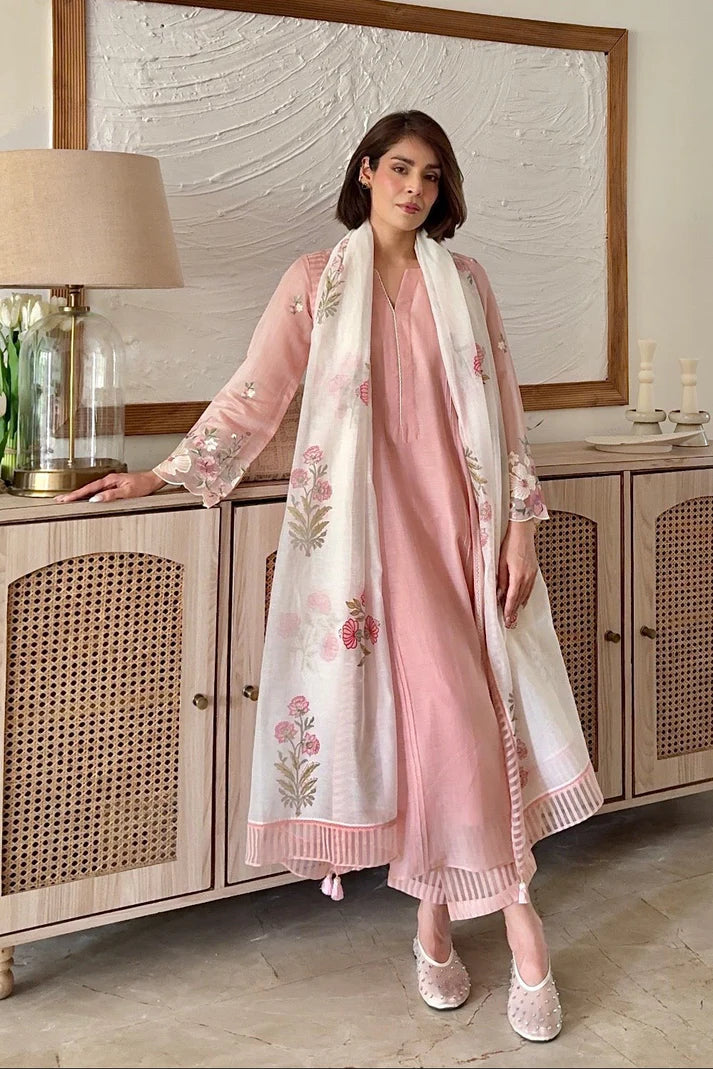 Blush Pink Premium Chanderi Kurta Set with Floral Printed Dupatta