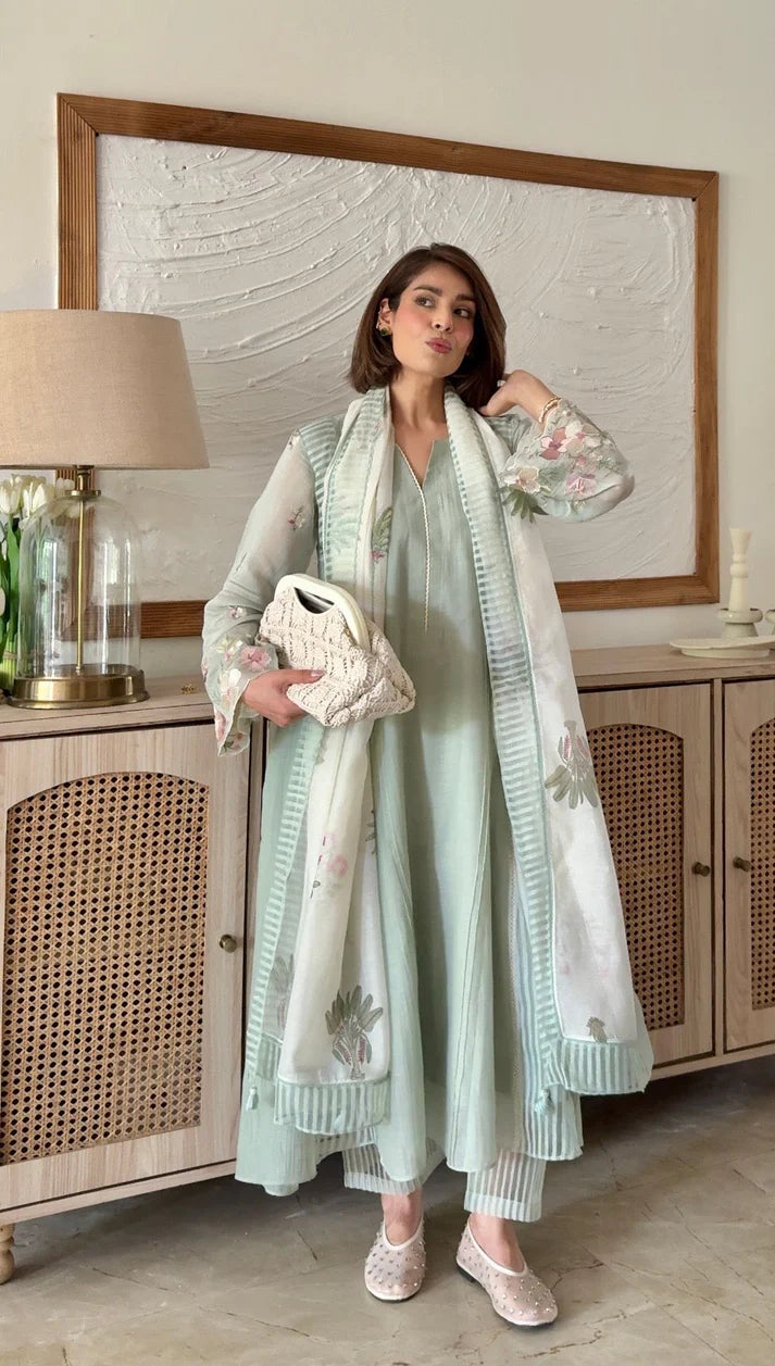Mint Green Premium Chanderi Embroidered Kurta Set with Floral Printed Dupatta