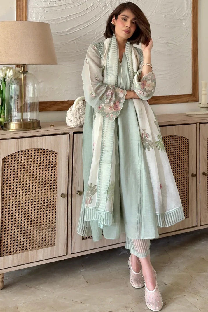 Mint Green Premium Chanderi Embroidered Kurta Set with Floral Printed Dupatta