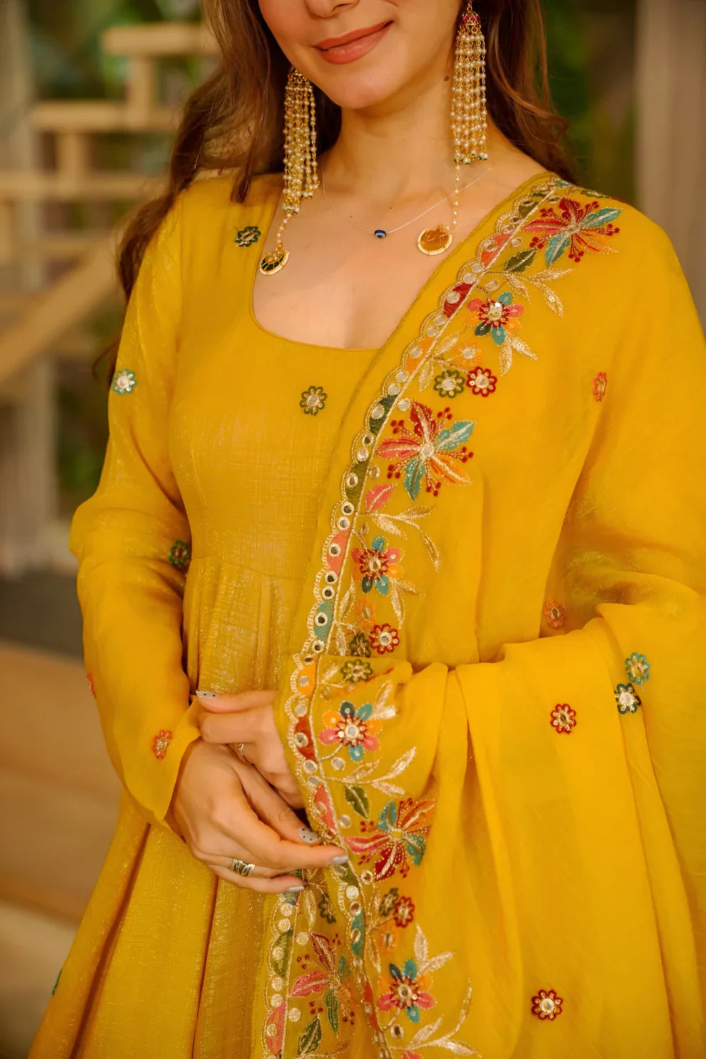 Sunshine Yellow Floral Embroidered Anarkali Suit Set with Dupatta