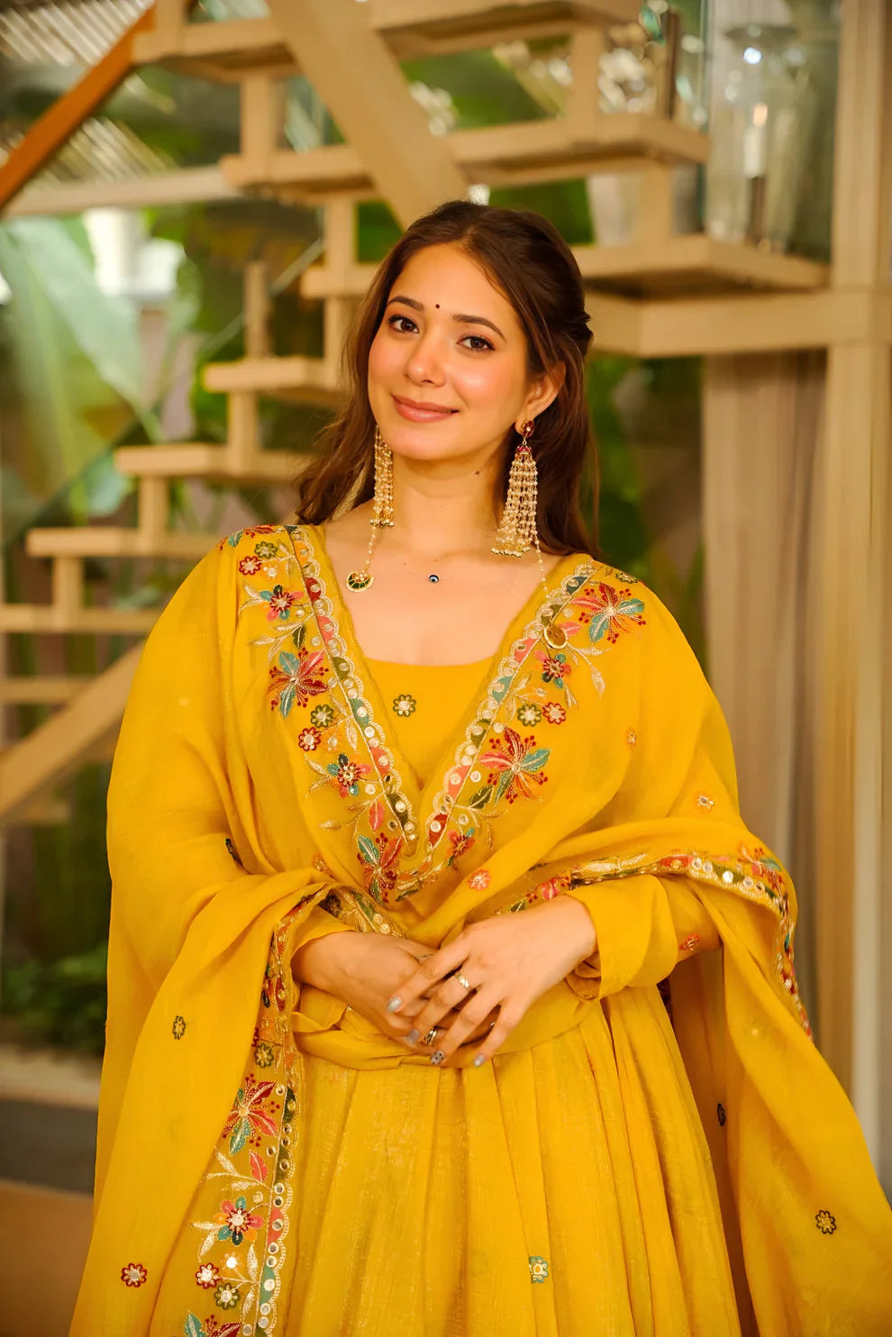 Sunshine Yellow Floral Embroidered Anarkali Suit Set with Dupatta