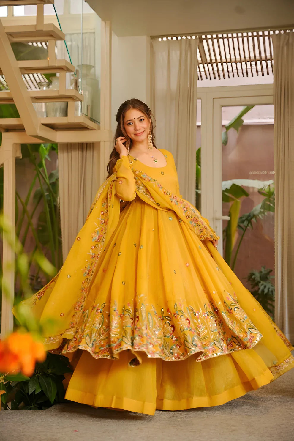 Sunshine Yellow Floral Embroidered Anarkali Suit Set with Dupatta