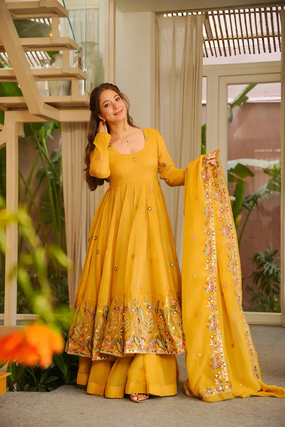 Sunshine Yellow Floral Embroidered Anarkali Suit Set with Dupatta