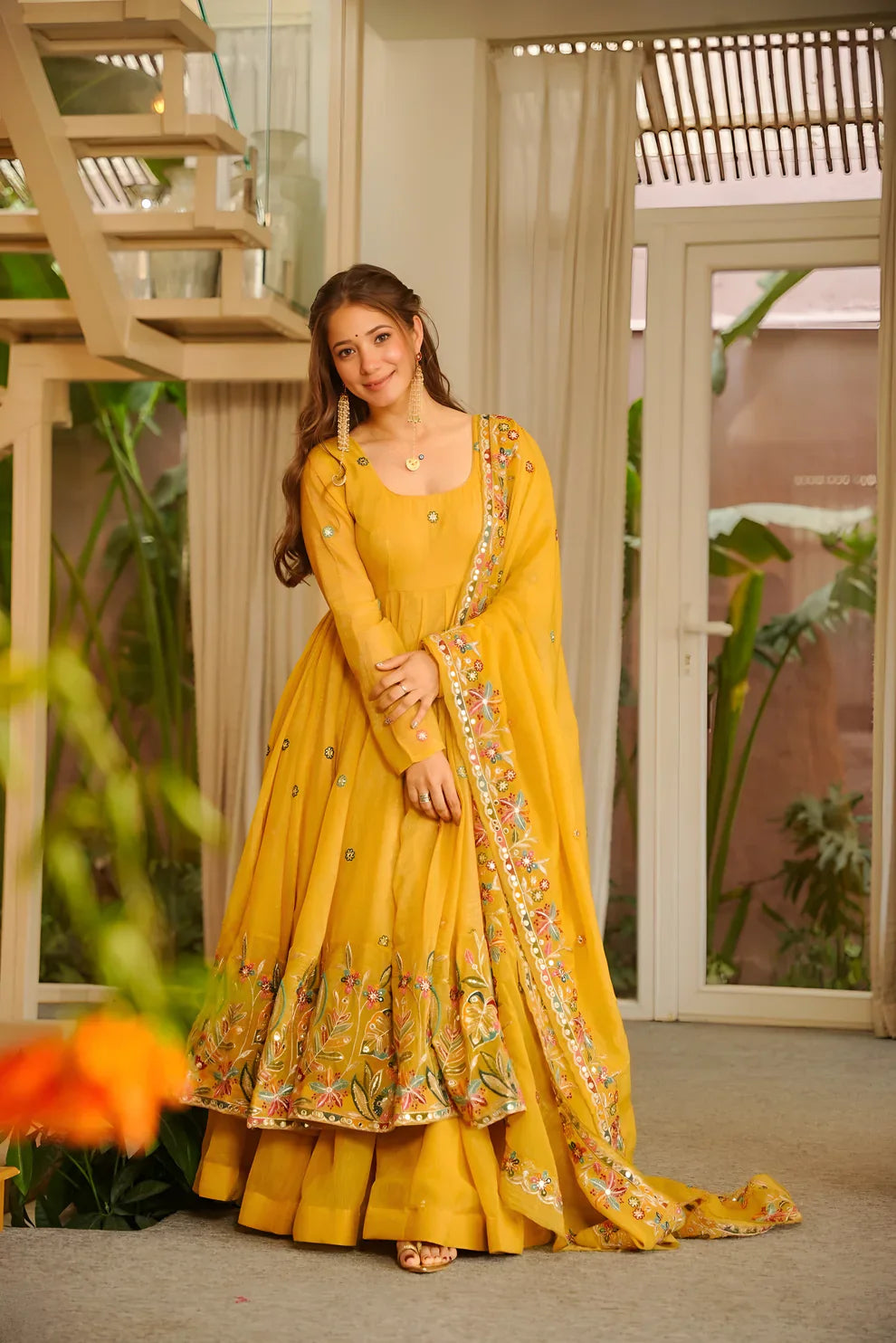 Sunshine Yellow Floral Embroidered Anarkali Suit Set with Dupatta