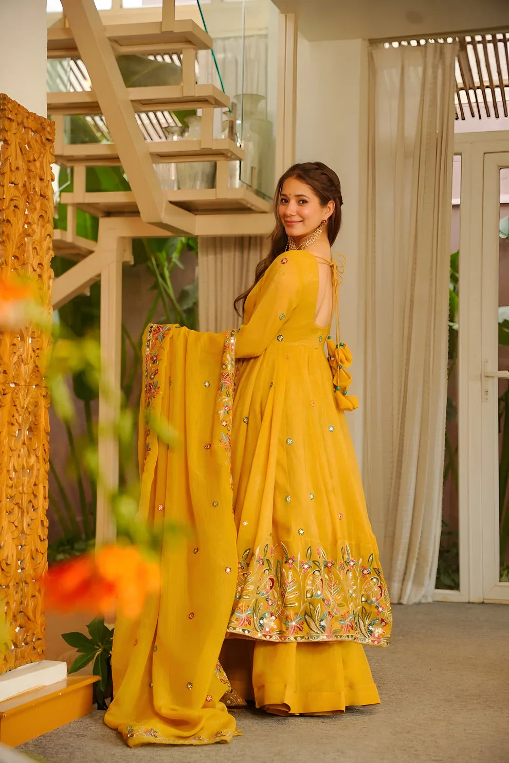 Sunshine Yellow Floral Embroidered Anarkali Suit Set with Dupatta