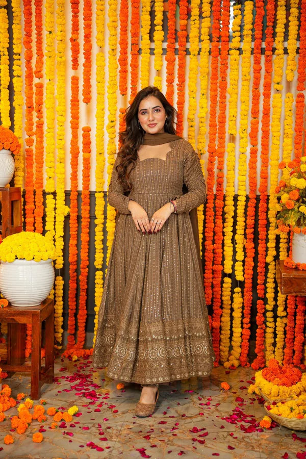 Mocha Brown Sequins Embroidered Anarkali Suit Set with Dupatta