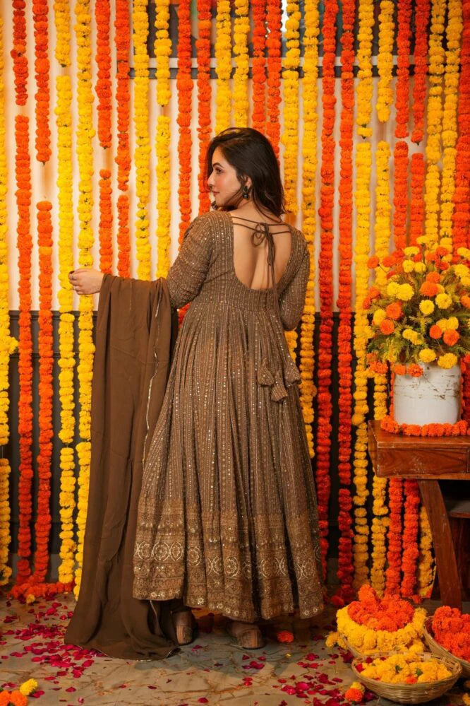 Mocha Brown Sequins Embroidered Anarkali Suit Set with Dupatta