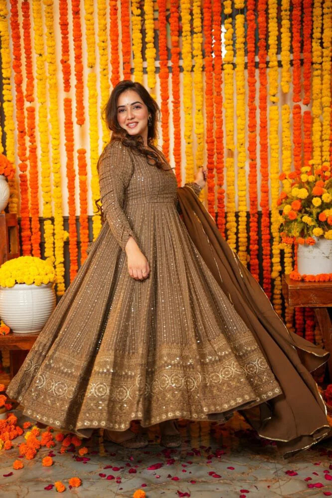Mocha Brown Sequins Embroidered Anarkali Suit Set with Dupatta