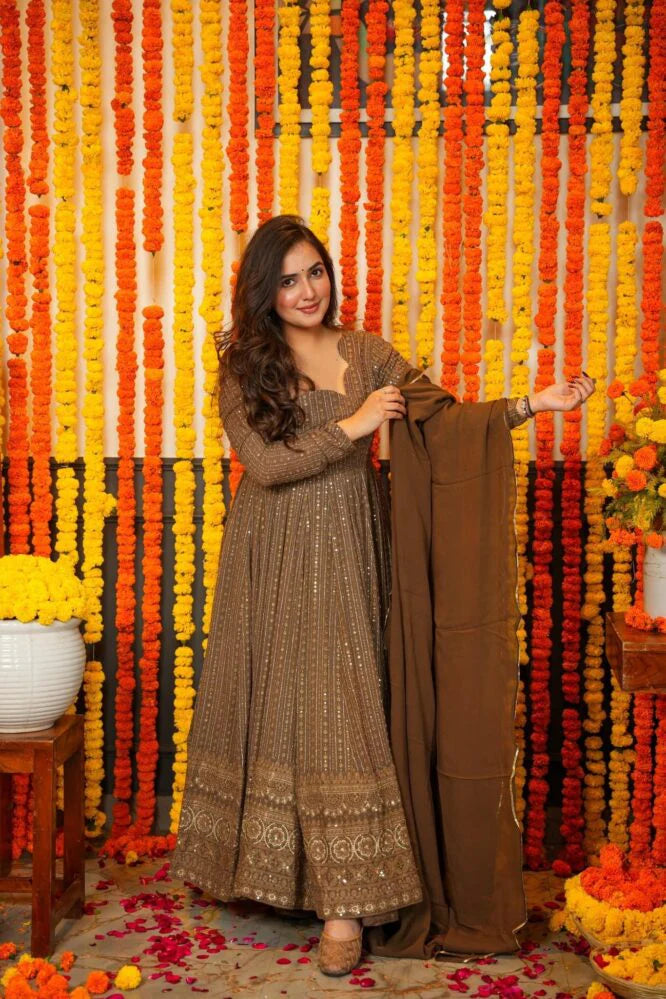 Mocha Brown Sequins Embroidered Anarkali Suit Set with Dupatta
