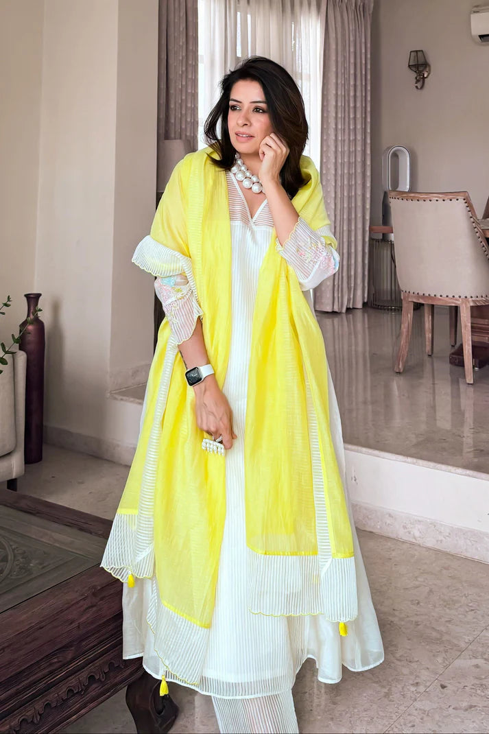 Ivory White Premium Chanderi Kurta Set with Lemon Yellow Dupatta
