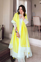 Ivory White Premium Chanderi Kurta Set with Lemon Yellow Dupatta
