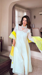 Ivory White Premium Chanderi Kurta Set with Lemon Yellow Dupatta