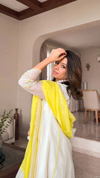 Ivory White Premium Chanderi Kurta Set with Lemon Yellow Dupatta