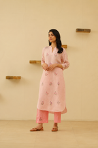 Pink Floral Embroidered Cotton Kurta Set for Women