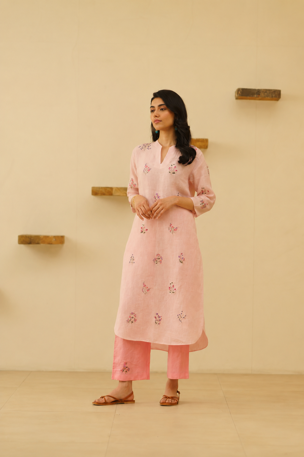 Pink Floral Embroidered Cotton Kurta Set for Women
