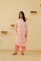 Pink Floral Embroidered Cotton Kurta Set for Women