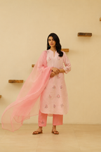 Pink Floral Embroidered Cotton Kurta Set for Women