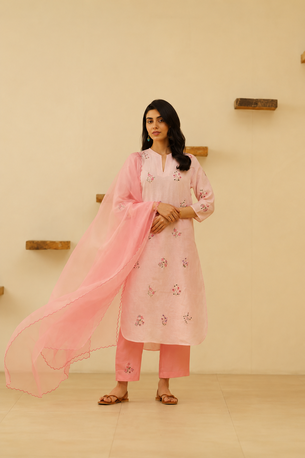 Pink Floral Embroidered Cotton Kurta Set for Women