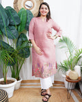 Blush Pink Floral Embroidered Rayon Straight Kurta for Women