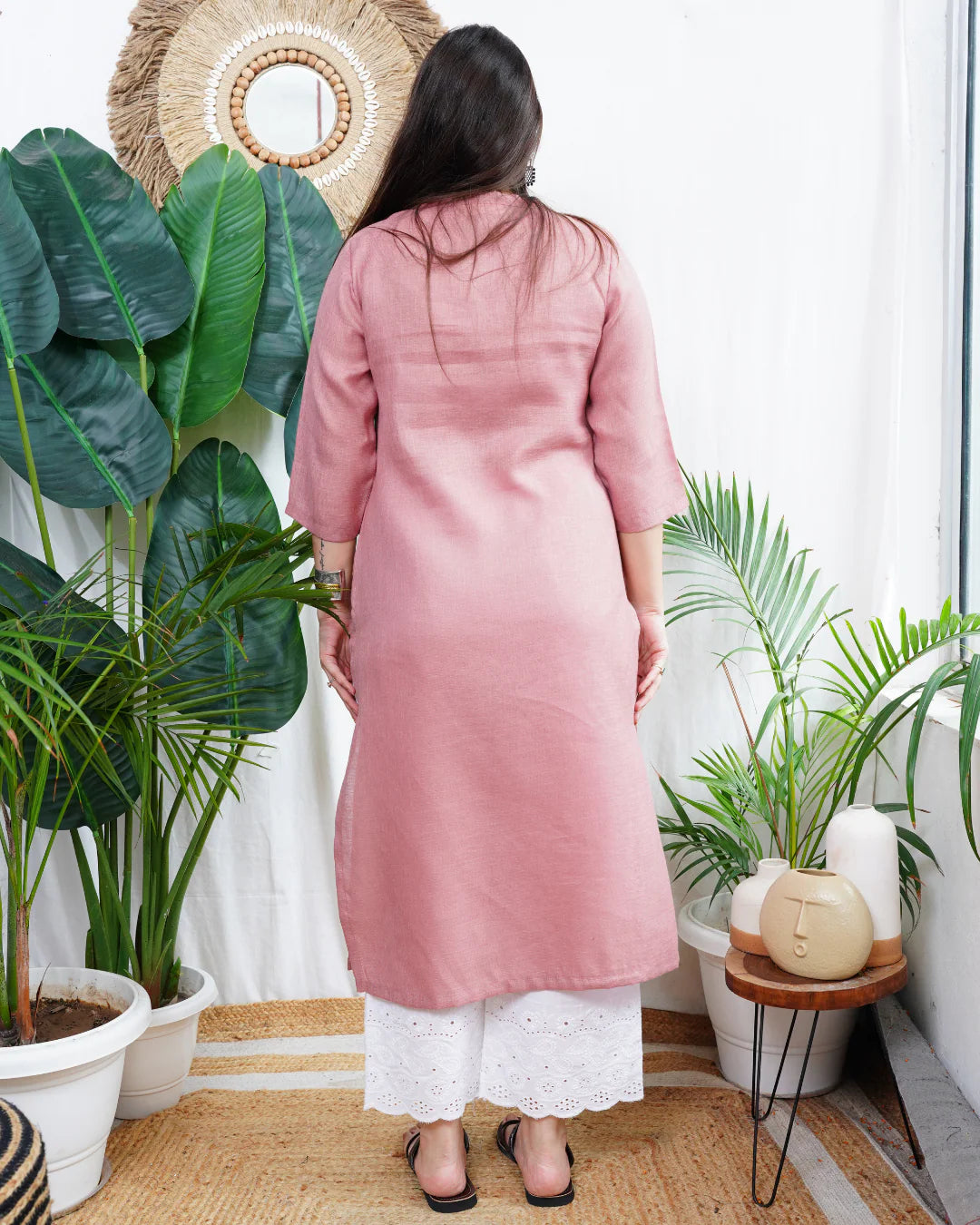 Blush Pink Floral Embroidered Rayon Straight Kurta for Women