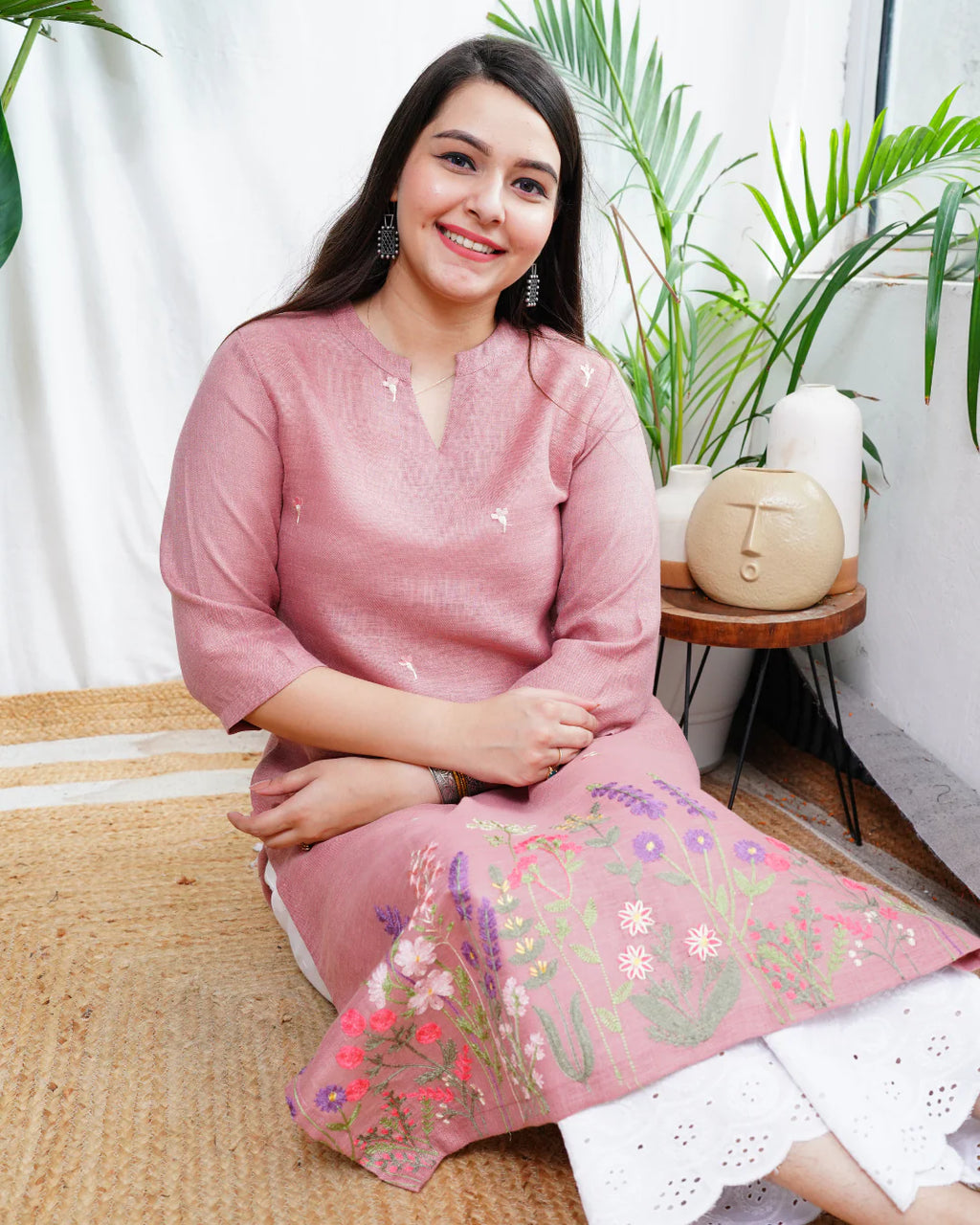 Blush Pink Floral Embroidered Rayon Straight Kurta for Women