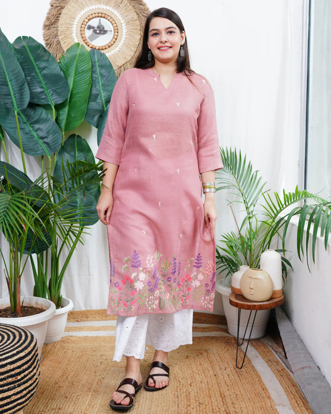 Blush Pink Floral Embroidered Rayon Straight Kurta for Women