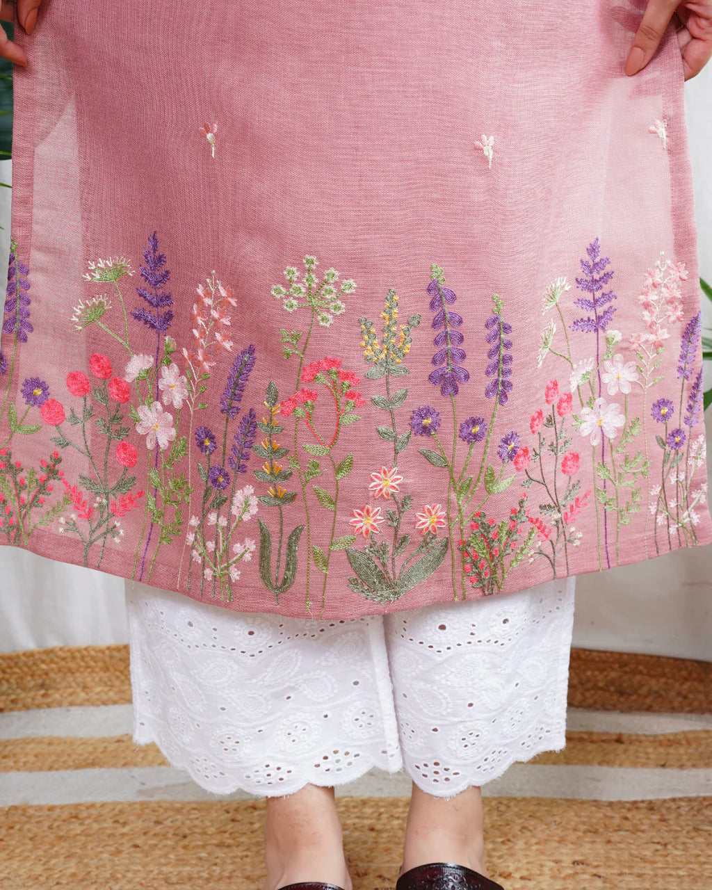 Blush Pink Floral Embroidered Rayon Straight Kurta for Women