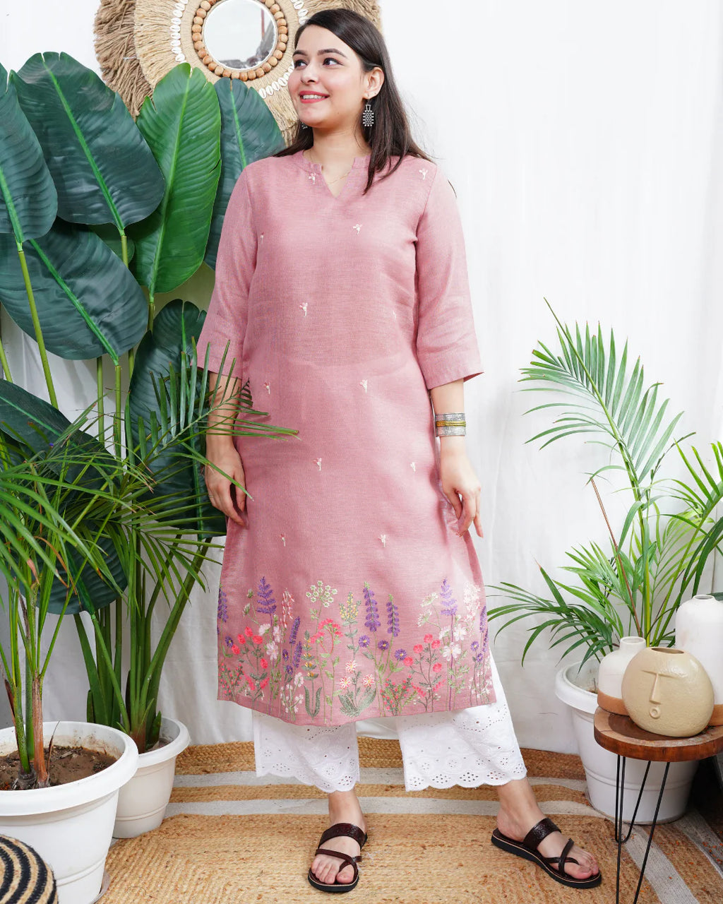 Blush Pink Floral Embroidered Rayon Straight Kurta for Women
