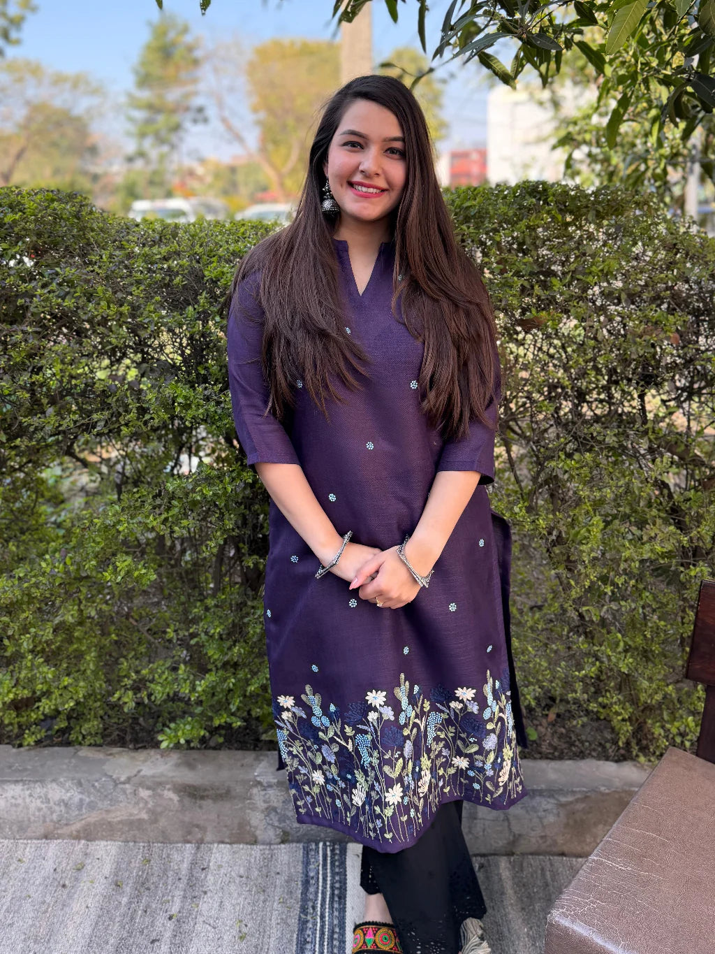 Midnight Wine Floral Embroidered Rayon Straight Kurta for Women